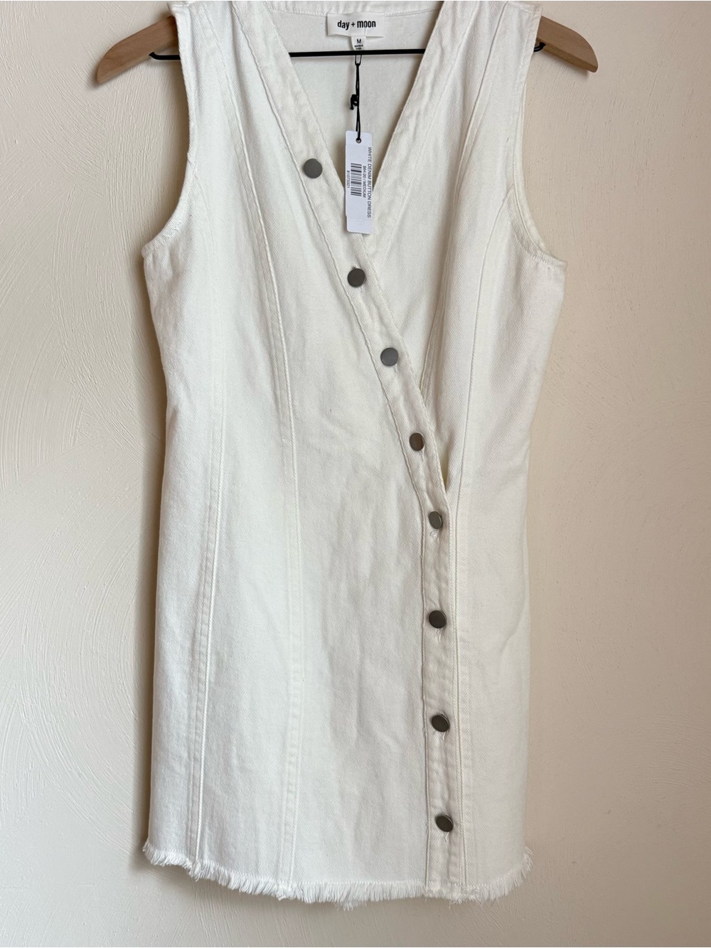 Day + Moon White Denim Asymmetrical Snap Mini Dress M NWT